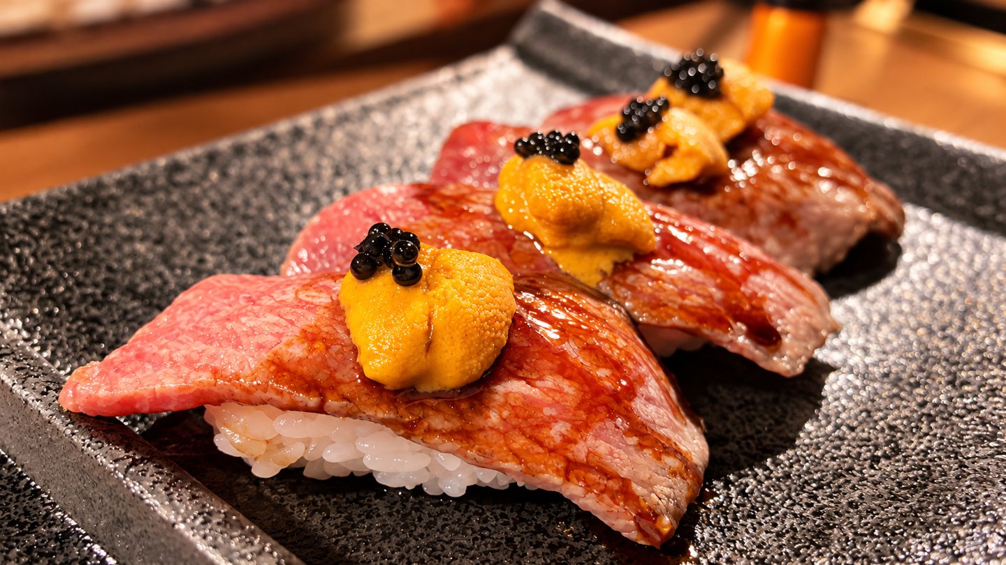 Beef sushi topped with sea urchin and caviar on a dark ceramic plate