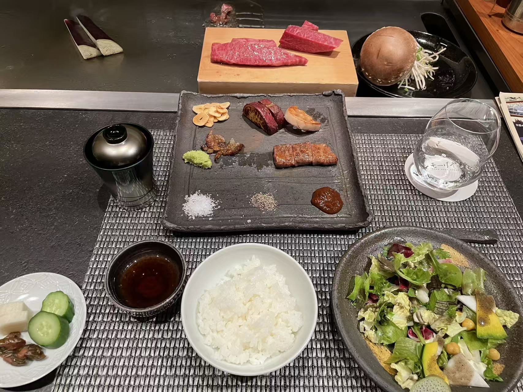 Wagyu beef slices on an intimate teppanyaki counter in Hokkaido