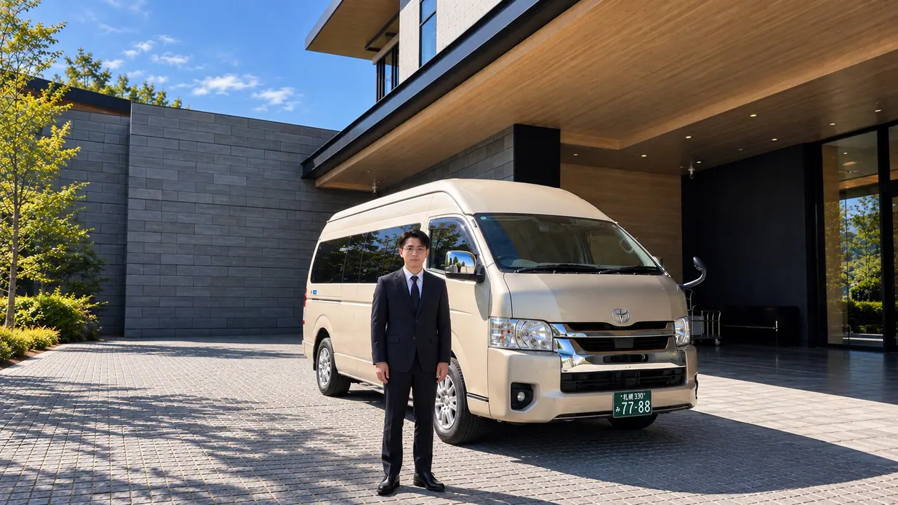 Champagne Toyota Hiace Grand Cabin with the driver standing beside it beneath a modern building canopy in Hokkaido