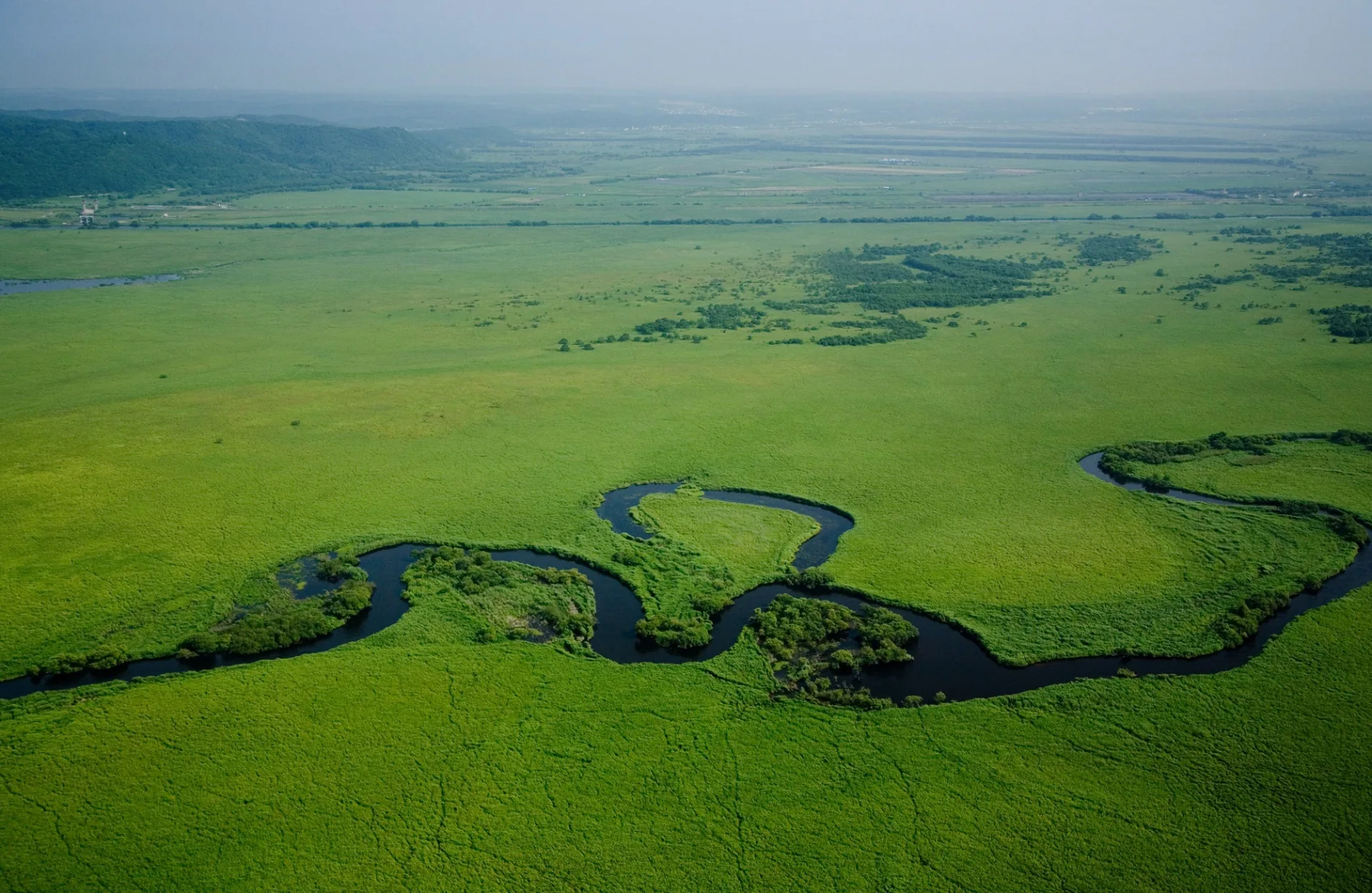 Aerial view of the Kushiro Wetlands with the meandering Kushiro River carving heart-shaped curves through green marshland