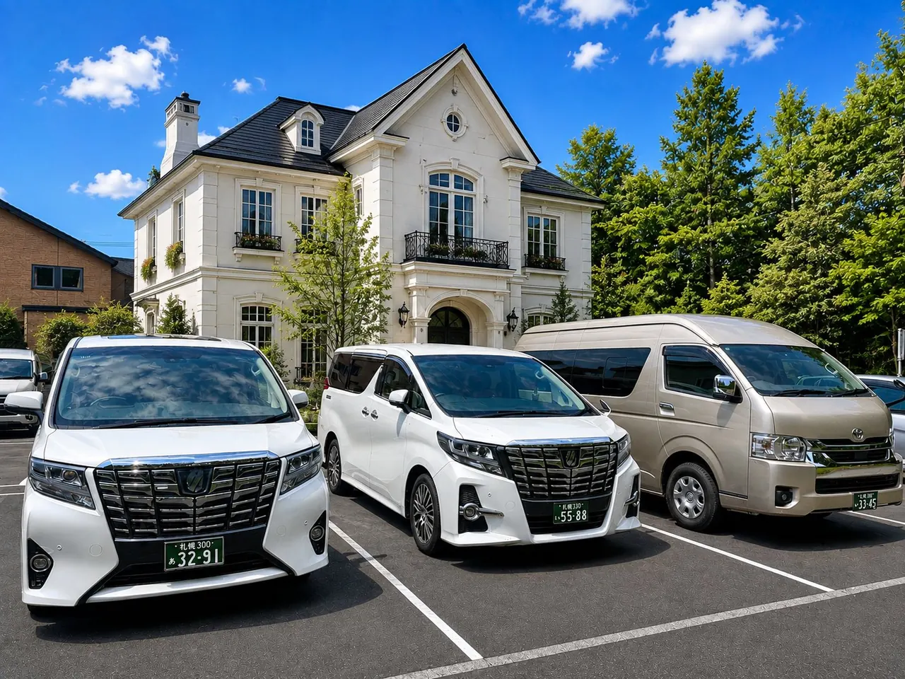 Private vans parked in front of a white villa on a clear summer day