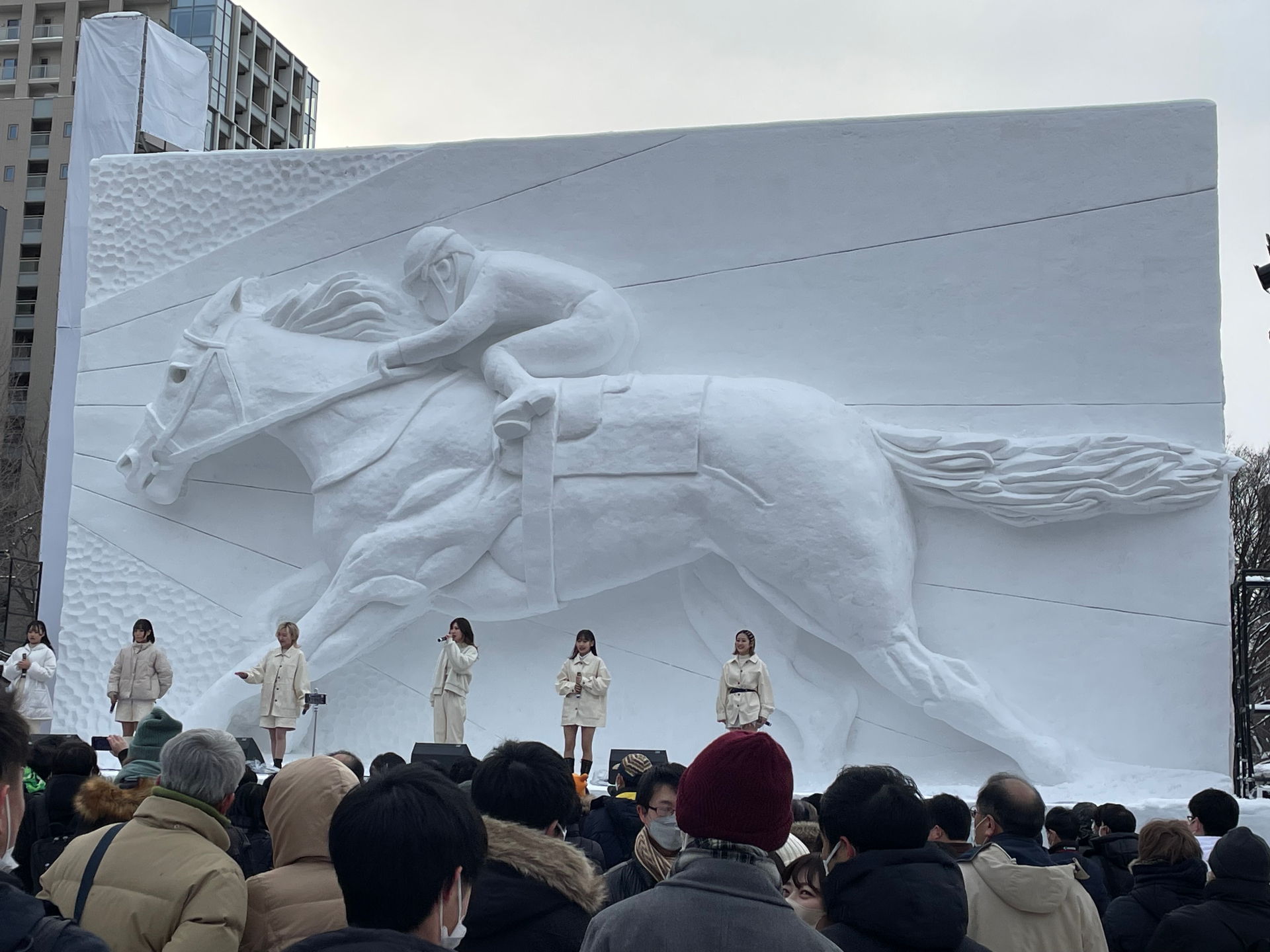 Large snow sculpture of a galloping horse at Sapporo Snow Festival