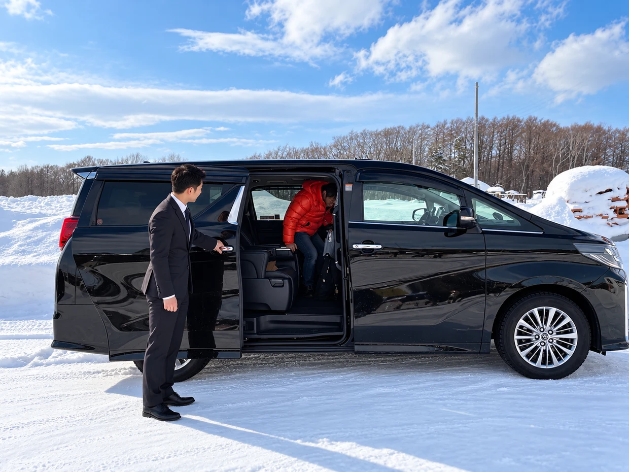 Chauffeur holding a black passenger vehicle’s sliding door as a passenger in a red jacket boards on a snowy lot