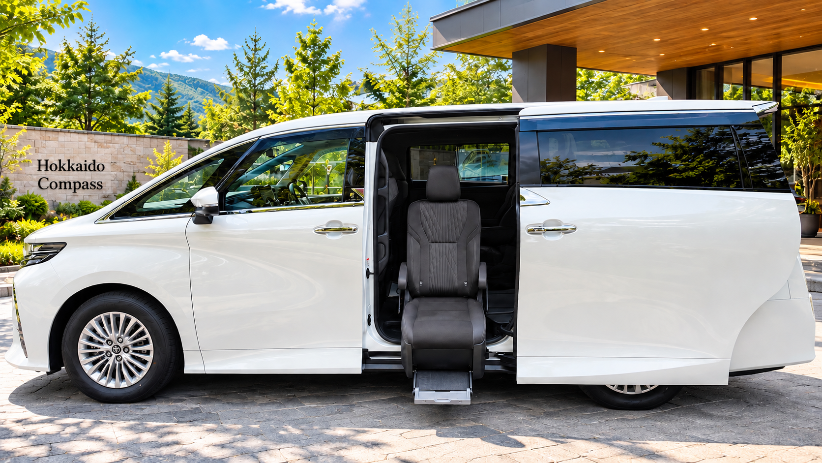 Alphard side-lift seat lowered outside the car for easy boarding