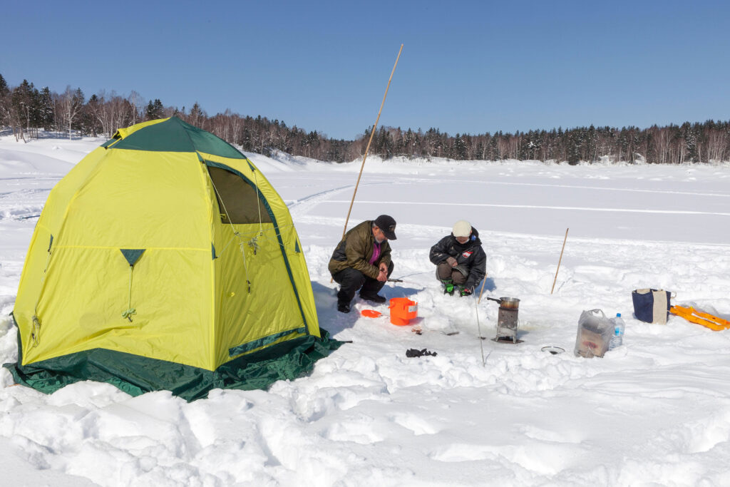 Smelt fishing from a tent on the ice