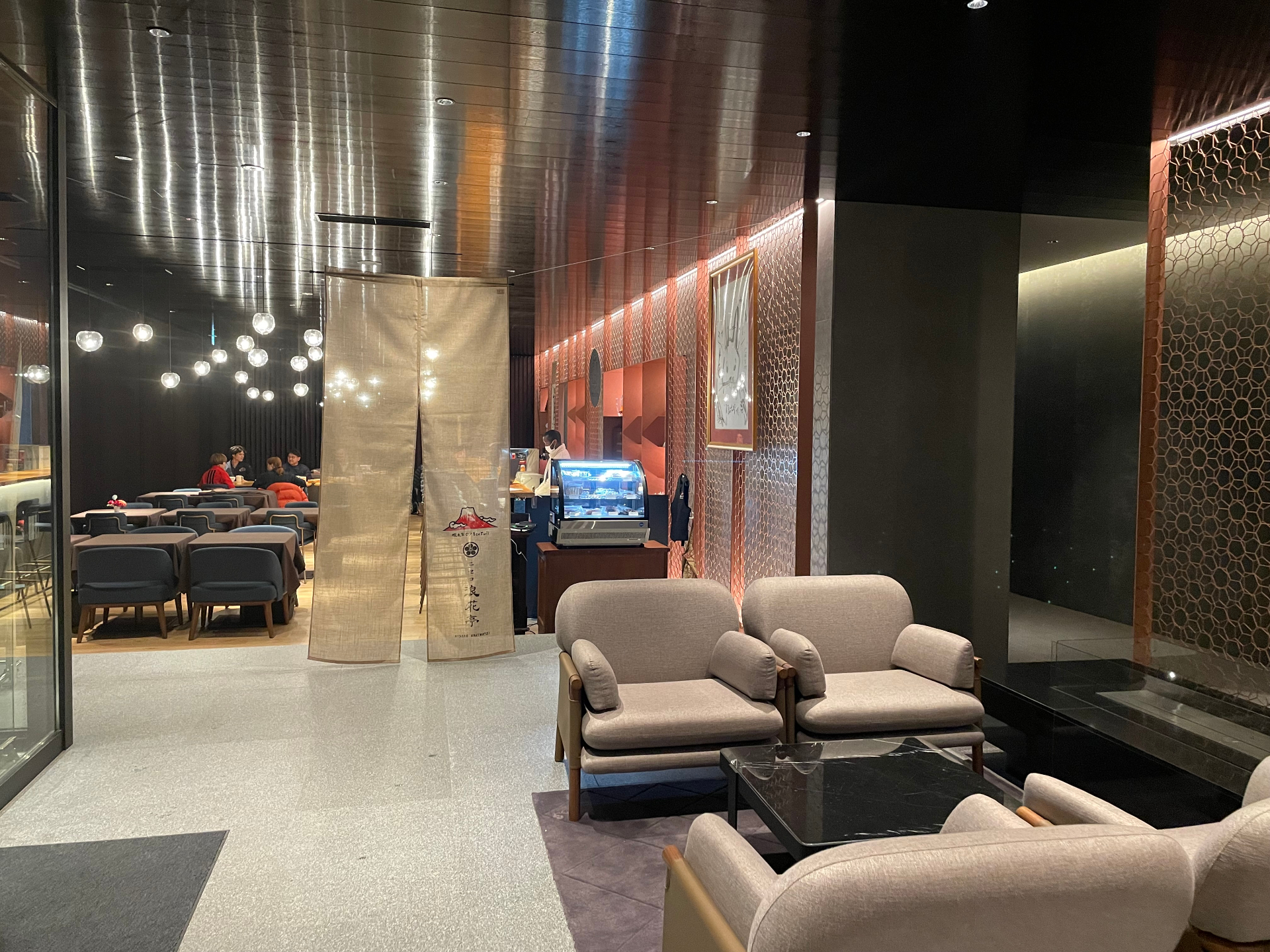 Hotel restaurant entrance and lounge seating in a Hokkaido resort