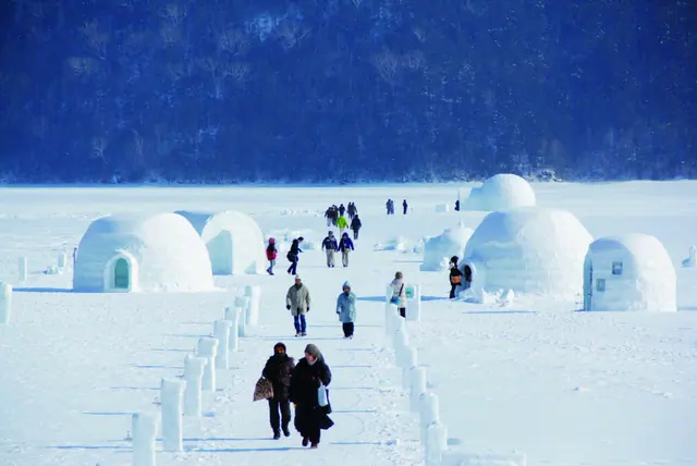 Igloo-style ice village on a frozen lake in Hokkaido