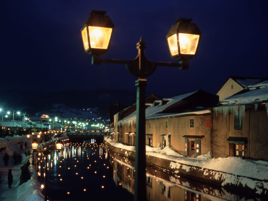 Otaru Canal gas lamps on a snowy night