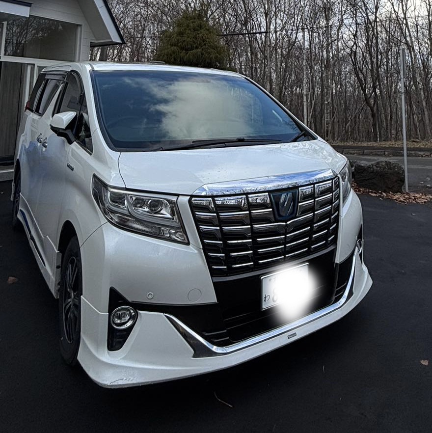 White Toyota Alphard executive van waiting on a Hokkaido driveway in late winter light