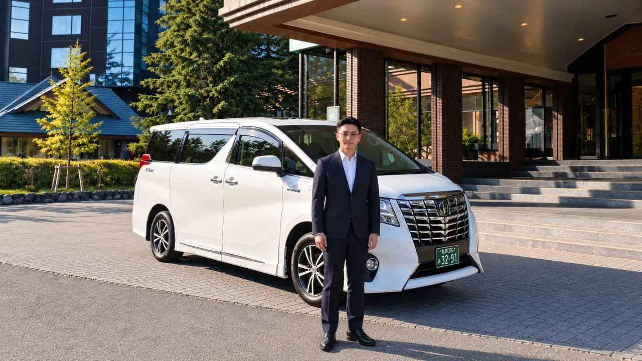 White Toyota Alphard with the driver standing beside it at a hotel arrival entrance in Hokkaido