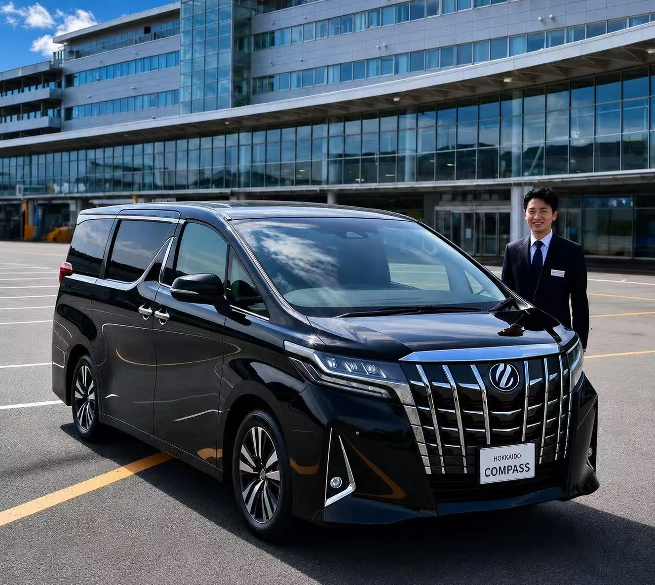 Hokkaido Compass chauffeur standing beside a black Toyota Alphard outside a corporate building for business travel support