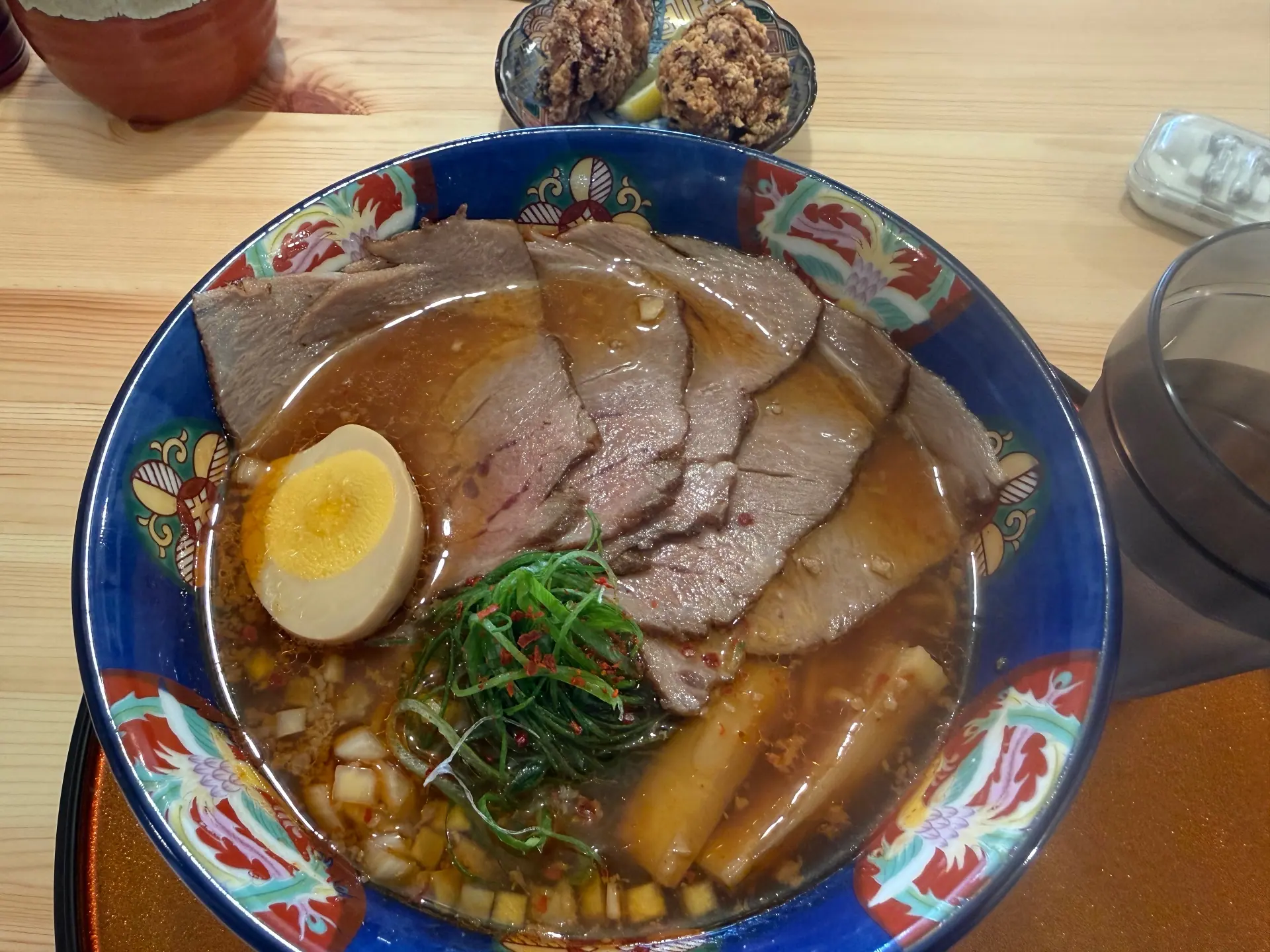 Ramen served in a patterned bowl