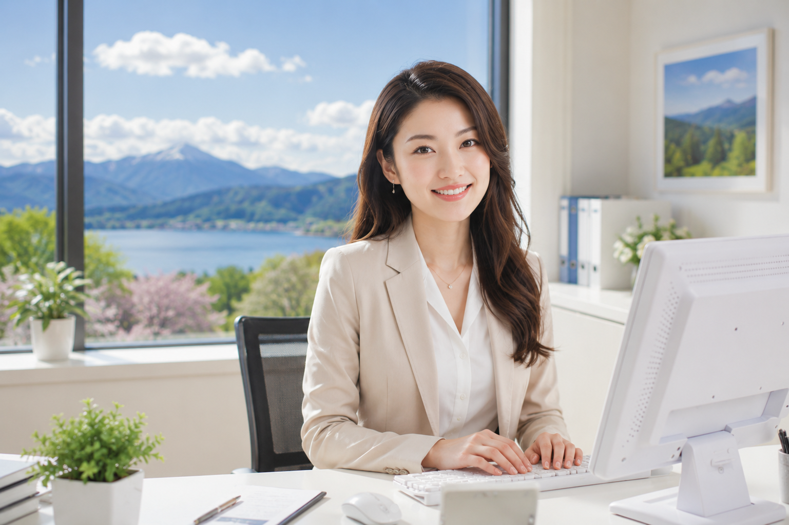 Hokkaido Compass travel concierge advisor at a bright lakeside office with mountain view