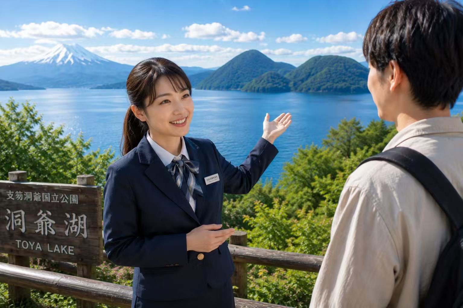 Hokkaido Compass travel concierge introducing the view of Lake Tōya and Mt. Yōtei to a guest