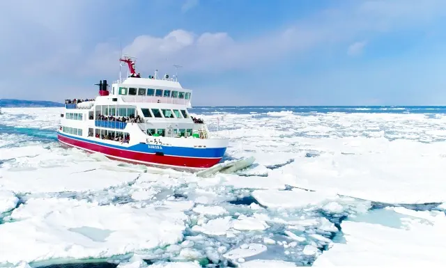 A sightseeing ship sailing through winter drift ice