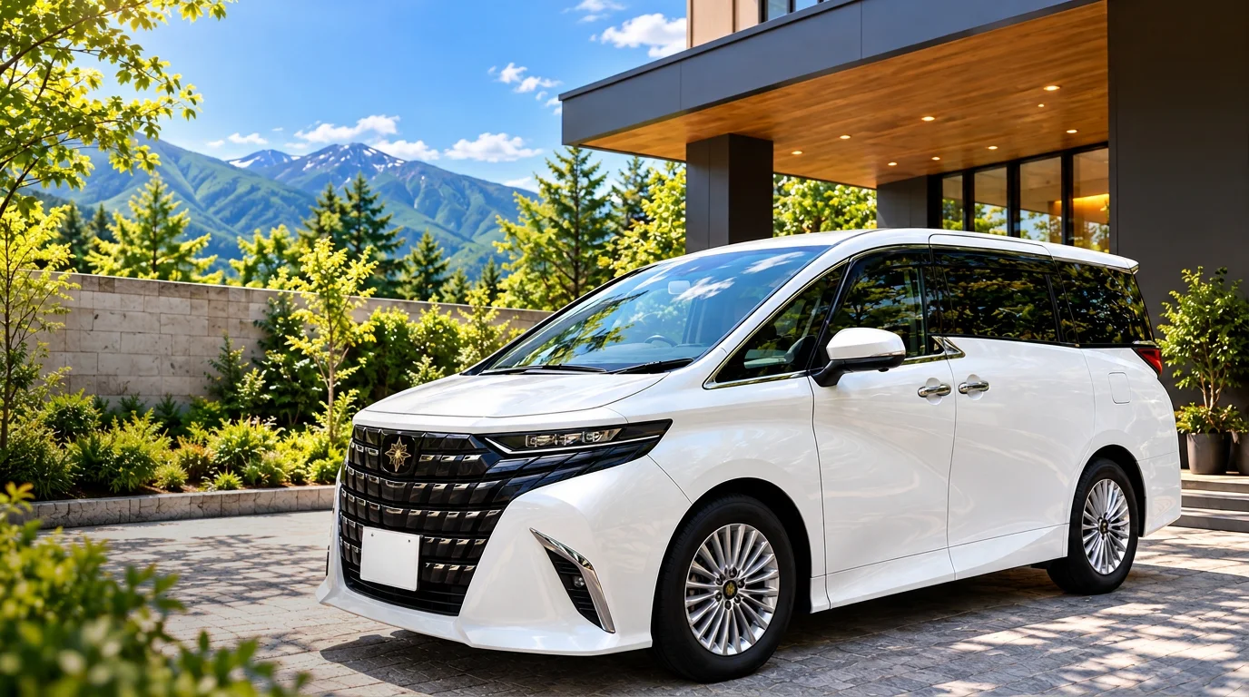 White 2026 Toyota Alphard senior-friendly vehicle for private travel in Hokkaido